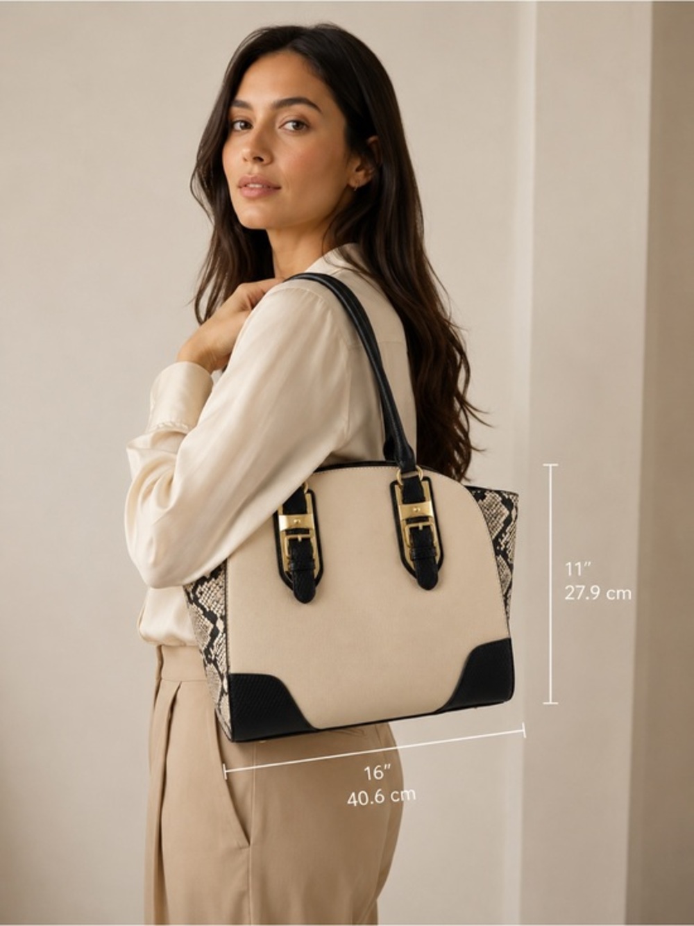 Beige and Black Tote Bag with Snake-Print Sides